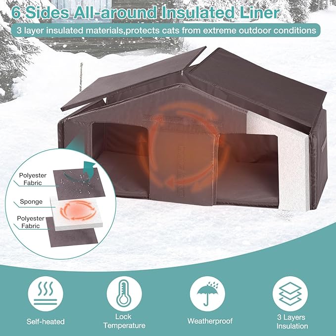 Outdoor Cat House with Insulated Liner,Weatherproof Outside Feral Kitten Shelter for Winter,Wooden Cat Codons with Large Balcony