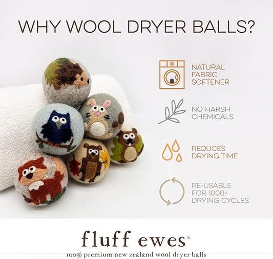 Fluff Ewes Wool Dryer Balls 6 Pack Premium New Zealand Wool Laundry Balls for Dryer, No Static Dryer Balls Laundry Reusable, XL Hedgehog Dryer Balls, Baby Dryer Balls for Dryers - Hedgehog and Homies