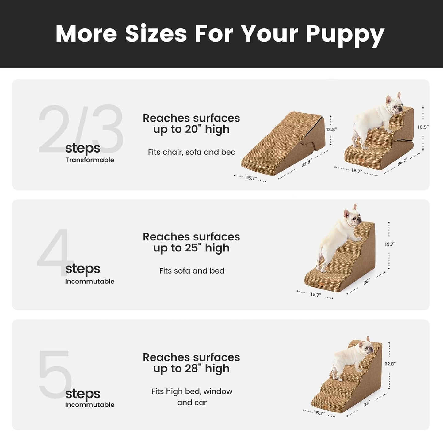 Gardner Pet Dog Stairs for Small Dogs 19.7" H, 4-Step Brown Curved Pet Stairs, Dog Steps for High Bed (18-24 in), Couch with Durable Non-Slip Waterproof Fabric Cover and CertiPUR-US Certified Foam