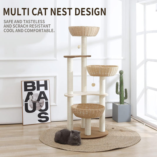 52" Modern Cat Tree Tower for Large Cats, 3Cat Nests Manual Hand Woven Multilevel Huge Paws Pals Cat Tree, Wood Cat Tower, Cat Scratching Tree, Cat Condo, Cat Lover Gift