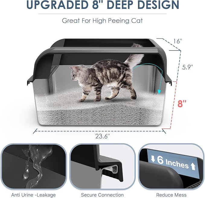 8" Deep Stainless Steel Litter Box with Lid Extra Large Cat Litter Box for Big Cats XL Metal Litter Pan Tray with High Wall Sides Enclosure, Non-Sticky, Anti-Leakage (Charcoal Gray)