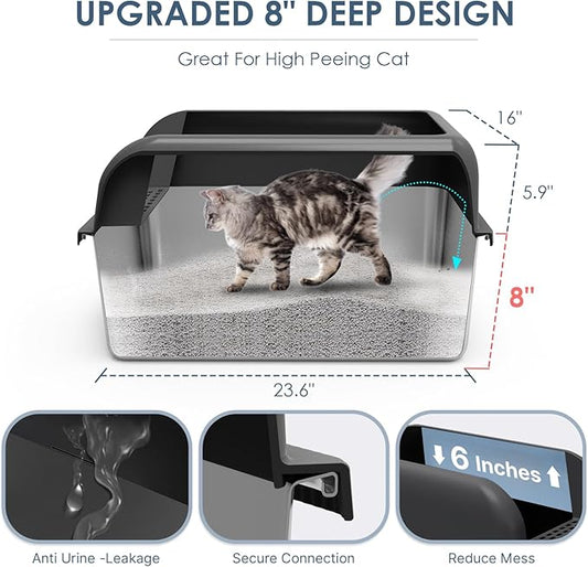 8" Deep Stainless Steel Litter Box with Lid Extra Large Cat Litter Box for Big Cats XL Metal Litter Pan Tray with High Wall Sides Enclosure, Non-Sticky, Anti-Leakage (Charcoal Gray)