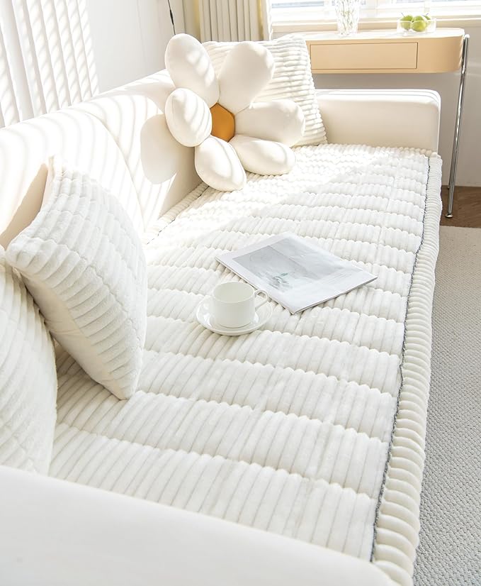 Faux Fur Plush Dog Couch Cover 3D Stripe Fuzzy Sofa Cover Non-Slip Fluffy Dog Bed Cover Pet Blanket Sofa Couch Furniture Protector for Puppy Large Dog Cat (Cream,28"x28")