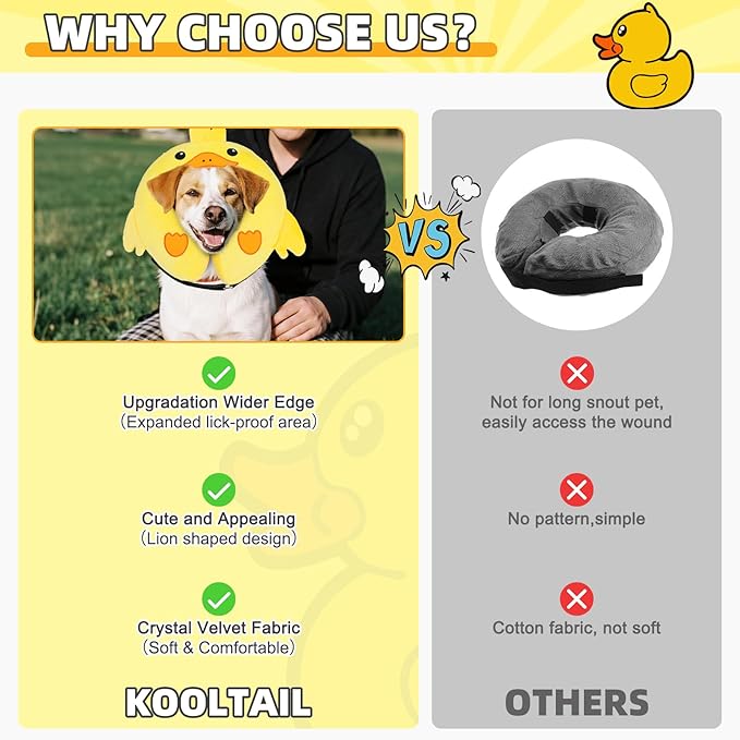 KOOLTAIL Inflatable Dog Cone Collar, Soft Dog Cone Alternative for Large Medium Small Dogs After Surgery, Cute Costume Adjustable Donut Neck Cone for Dogs Cats, Comfortable Recovery E Collar, Duck L