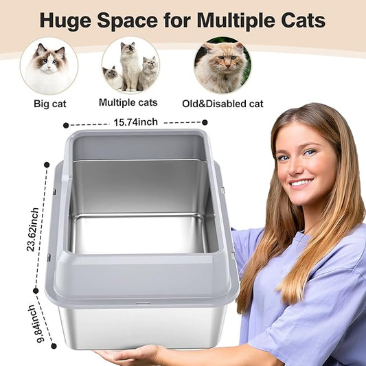Stainless Steel Cat Box, XL Extra Large, Non-Sticky, Anti-Leakage, Metal, Easy to Clean (Grey)