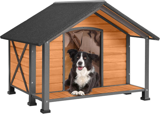 Aivituvin Dog House with Anti-Chewing Metal Frame Outdoor Large Wooden Dog Kennel Outside with Overhang Roof Large Porch Weatherproof