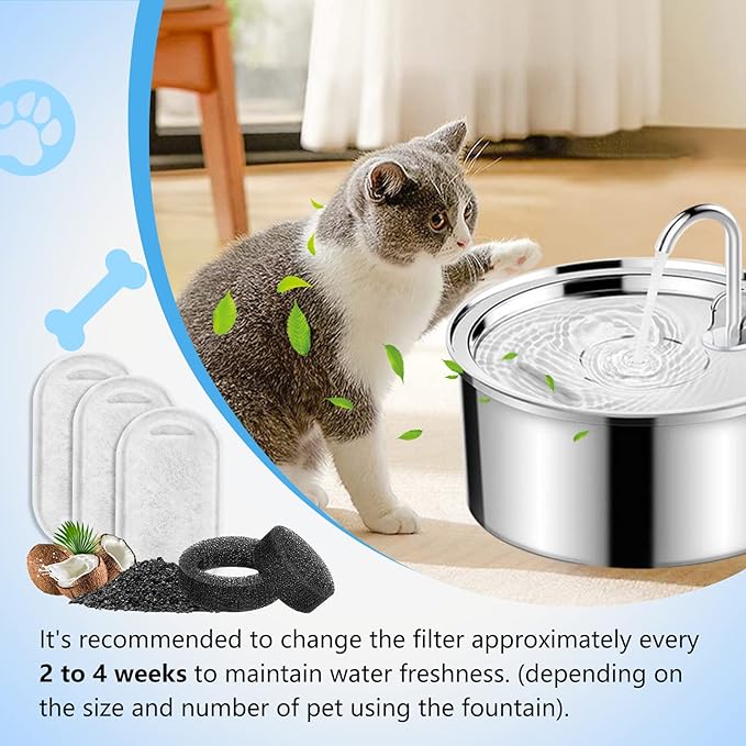 Cat Water Fountain Filter for 67oz/2L & 108oz/3.2L Stainless Steel Pet Fountain, 12 Pack Filter Replacement & 12 Sponges Foam for Automatic Dog Water Fountains Dispenser PLWF003