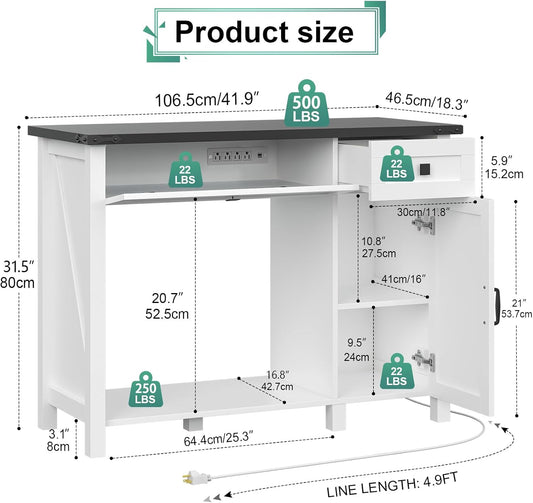 40 Gallon Aquarium Stand With Charging Station, Farmhouse Fish Tank Stand, Reptile Tank Stand Terrarium Stand with Drawer and Cabinet Storage, Sturdy Heavy Duty 41.9"×18.3" Tabletop - White