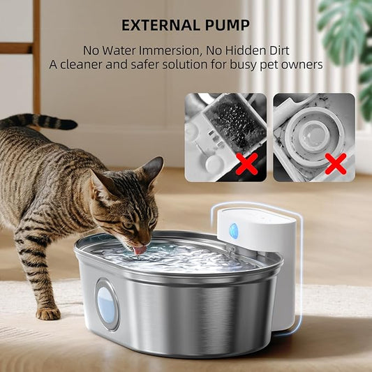 uahpet Wireless Cat Water Fountain Stainless Steel Pro, External Pump Battery Operated Pet Waterer, Dog Drinking Dispenser with Water Level Window, 67oz/2L