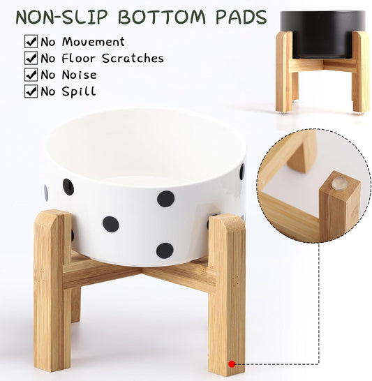 Petygooing 28 OZ Elevated/Raised Ceramic Dog Bowl for Small Medium Breeds, Dog Food Water Dish with Stand,Pet Bowl with Anti Slip Rubber for Cats Small and Medium Dogs (3.6 Cups) Black Dot