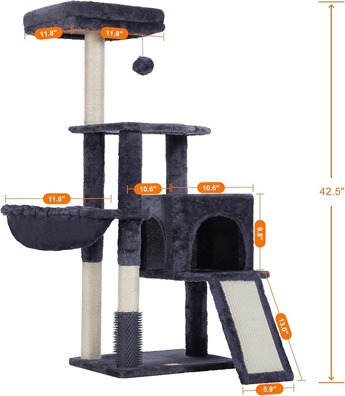 Heybly Cat Tree with Cat Self Groomer Brush, Cat Tower Condo for Indoor Cats with Padded Plush Perch, Cat House with Basket Scratching Board Post, Smoky Gray HCT005SG