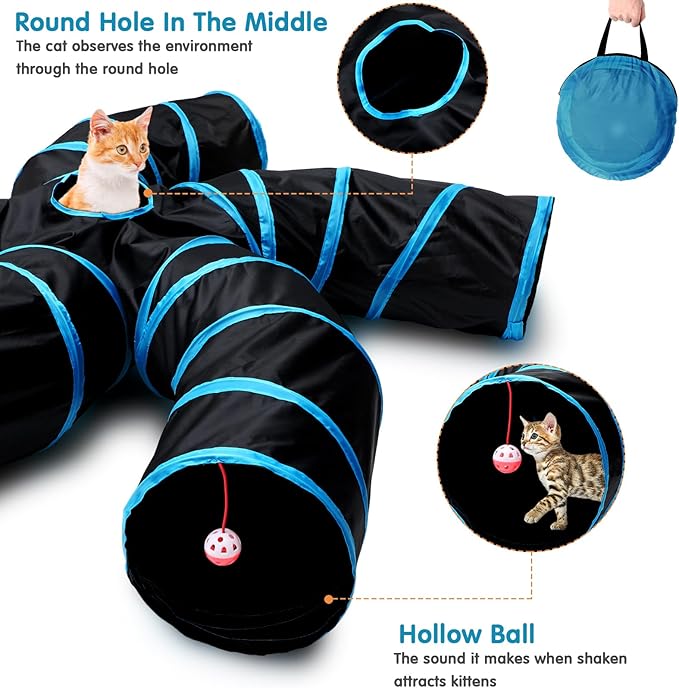 Poen 21 Pcs Cat Tunnel for Indoor Set Collapsible 5 Way Tubes with 20 Pcs Cat Kitten Toys Interactive Feather Toy Mouse Crinkle Balls Tube for Puppy Kitten Rabbit(Blue Black)