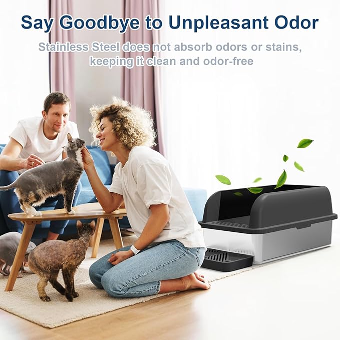 Stainless Steel Cat Litter Box with Enclosed Lid Extra Large Litter Box for Big Cats XL Metal Litter Tray Pan with High Sides Wall Enclosure, Easy Cleaning, Anti-Leakage, Non-Sticky (Charcoal Gray)