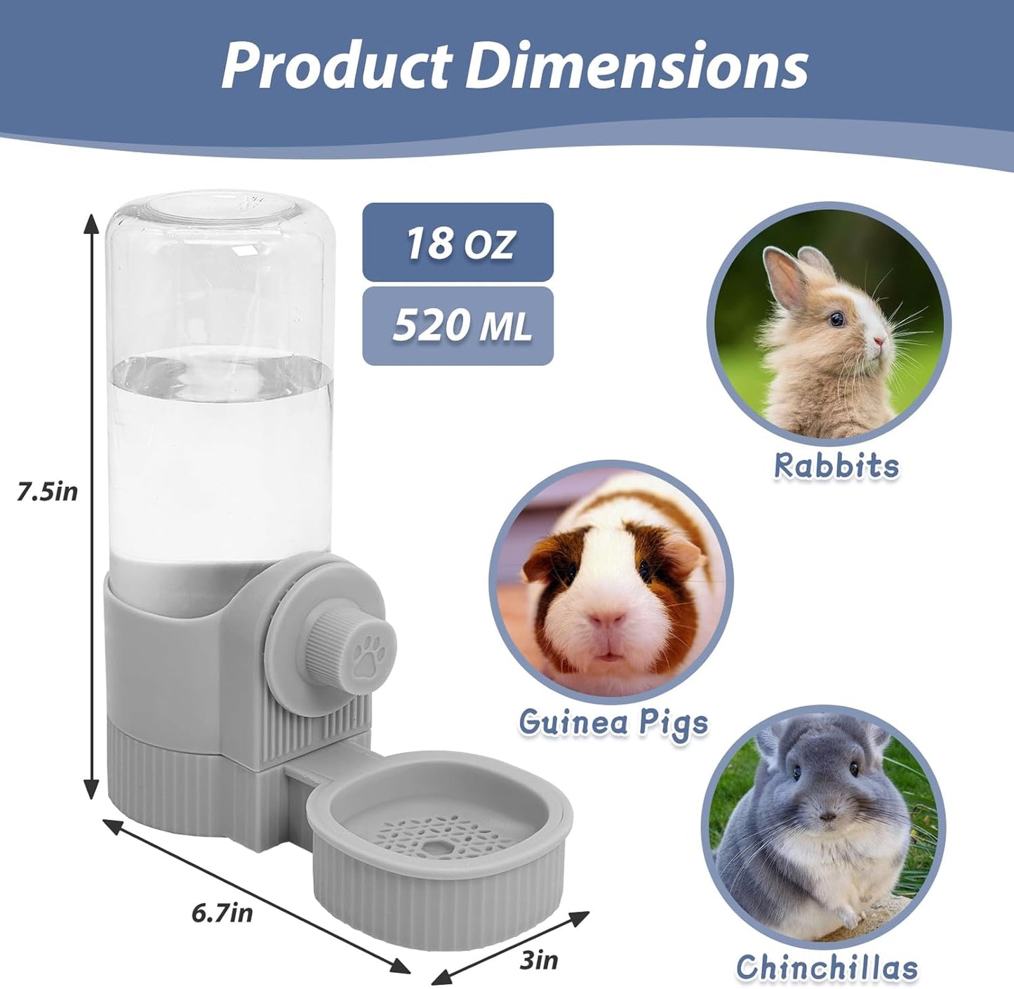 Fhiny Rabbit Water Bottle, 18oz Hanging Guinea Pig Water Bottle No Drip Gravity Automatic Bunny Water Dispenser for Cage Rabbit Waterer for Guinea Pig Bunny Chinchilla Ferret Cat Puppy