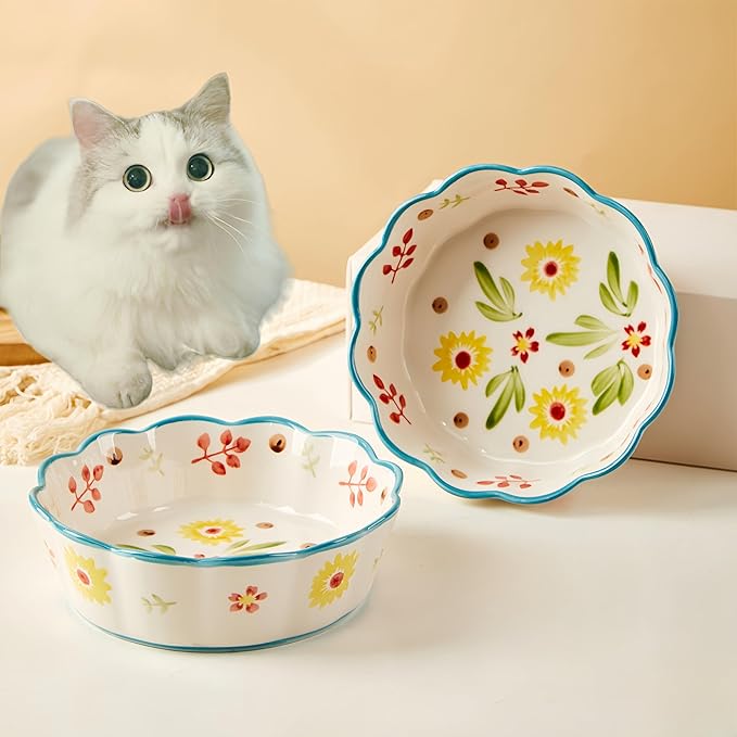 Premium Cat Food Bowl Set of 2, 6' Ceramic Cat Bowls, Cute Shallow Weighted Dishes for Wet Food, Whisker Fatigue Kitten Bowls Large Capacity (Blue)