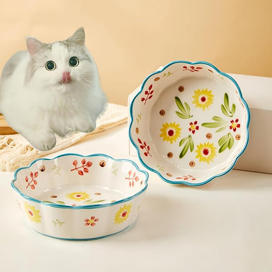Premium Cat Food Bowl Set of 2, 6' Ceramic Cat Bowls, Cute Shallow Weighted Dishes for Wet Food, Whisker Fatigue Kitten Bowls Large Capacity (Blue)