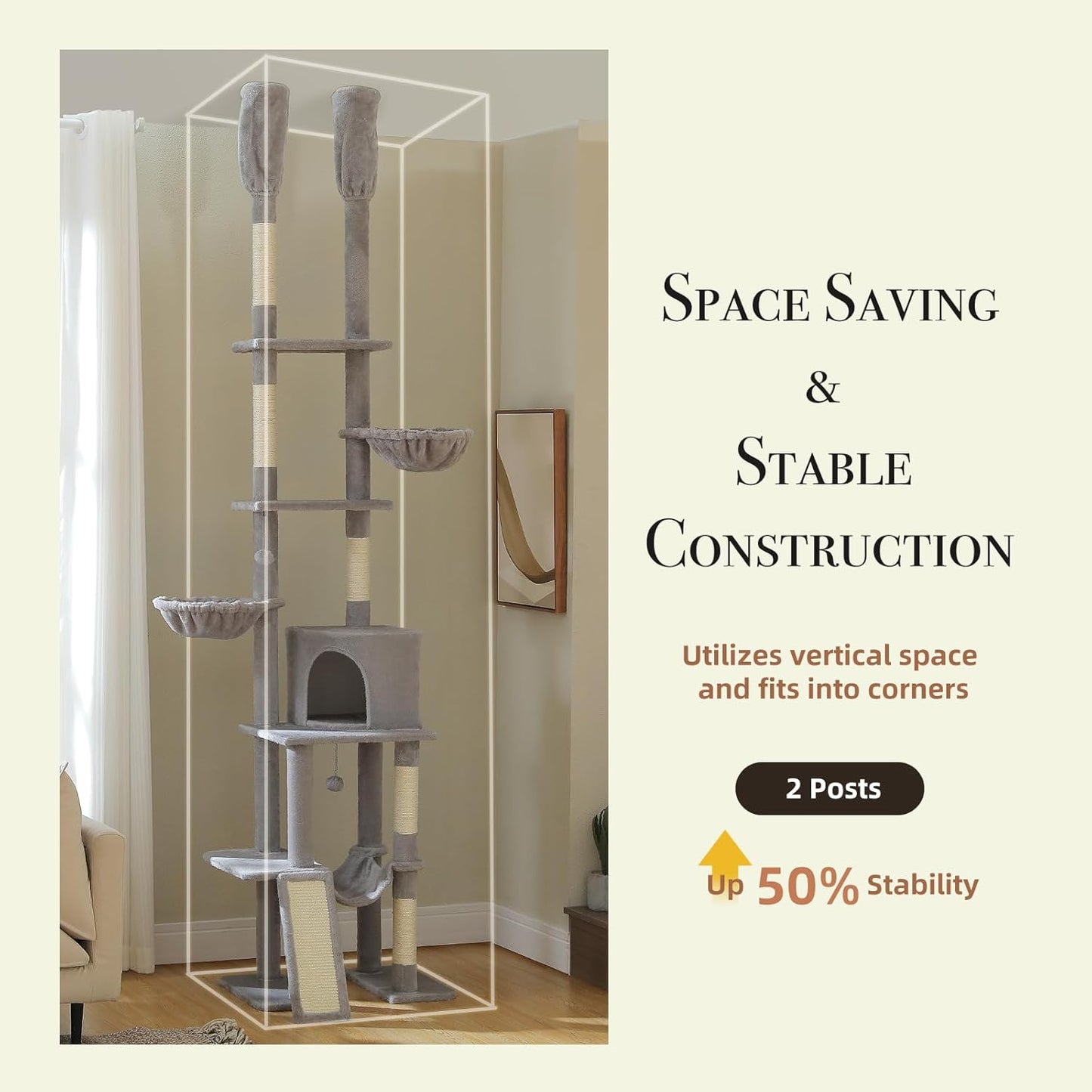 PAWZ Road Tall Cat Tree, Floor to Ceiling Cat Tower with Adjustable Height(85-112 Inches), 7 Tiers Climbing Tower with Cozy Hammocks, 5 Platforms and Scratching Posts for Indoor Cats-Gray