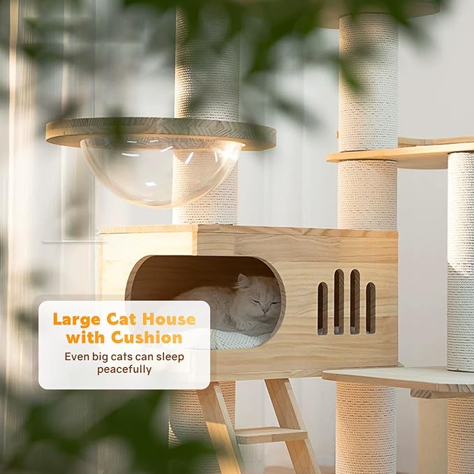 59'' Tall Wooden Cat Tree For Indoor Cats,Modern Cat Tower With Big House,Clear Bowl,Luxury Multi-Level Cat Climbing Frame With Climbing Ladder,Large Platform,Heavy Duty XXL Maine Coon Cat Tree