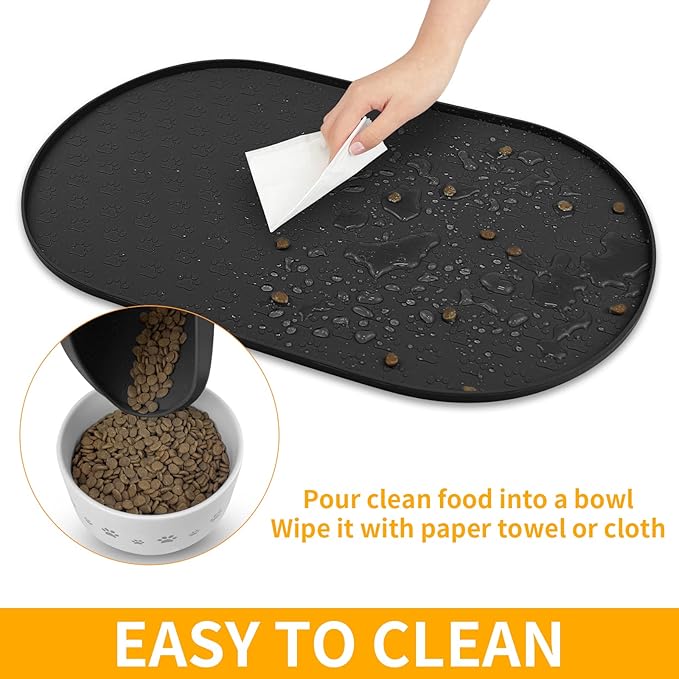 KPWACD Pet Placemat for Dog and Cat, Anti-Slip Waterproof Dogs Feeding Bowl Mat Prevent Food and Water Overflow, Silicone Puppy Dish Mats Suitable for Small Medium Big Pets, Black, 24" * 16"