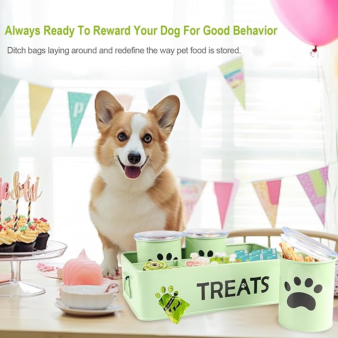 28oz Metal Dog Treat Container Set of 3,Dog Treat Jars with Airtight Lids,Cat Treat Jar,Dog Treat Canister for Countertop,Coated Galvanized Steel Dog Treats Station-Green