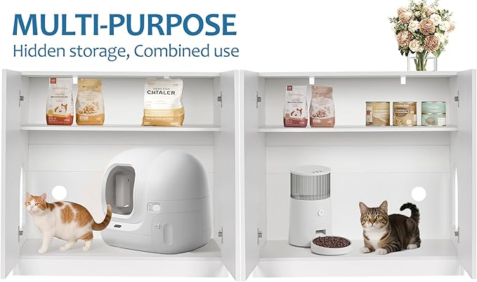 BEWISHOME Tall Litter Box Enclosure, Simple Hidden Litter Box Furniture with Removable Divider, Fit Most of Cat Litter Robot Indoor Pet House as Sideboard Cabinet White CMW12W