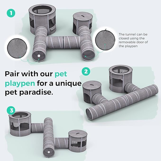 Cat Tunnel 4 Way with Teaser Wand & 2 Plush Ball, 5 Shapes Available, 54/80.7" L, H-Shaped Collapsible Pet Play Tube Maze for Kitten Puppy Bunny Ferret Rabbit, Indoor/Outdoor Peekaboo Cave