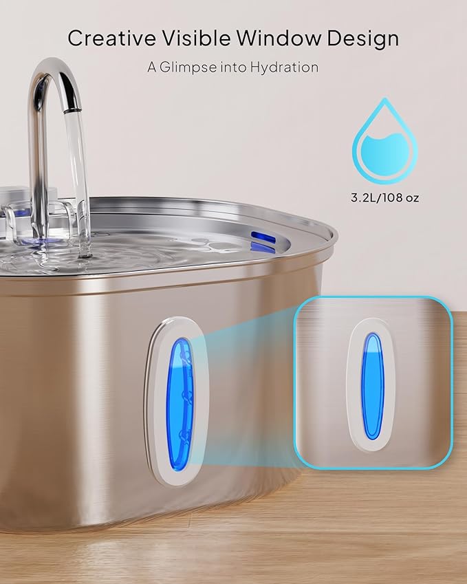 Cat Water Fountain - 3.2L/108oz Stainless Steel Pet Water Drinking Fountain for Cats Indoor, Dog Water Fountain with Water Level Window and 3 Filters + 3 Sponges