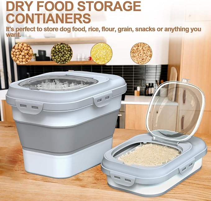 Dog Food Storage Container, 10-13lbs Collapsible Dog Cat Food Containers with Airtight Clear Flip-top and Pet Food Scoop, Pet Food Storage Container Bin for Dog Cat Bird and Other Pets Grey