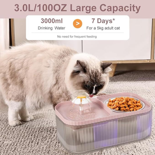 Marchul Cat Water Fountain and Stainless Steel Food Bowl, 100oz/3L Super Quiet Automatic Pet Water Dispenser with Smart Pump and 3 Replacement Filters for Cats and Small Dogs, Pink