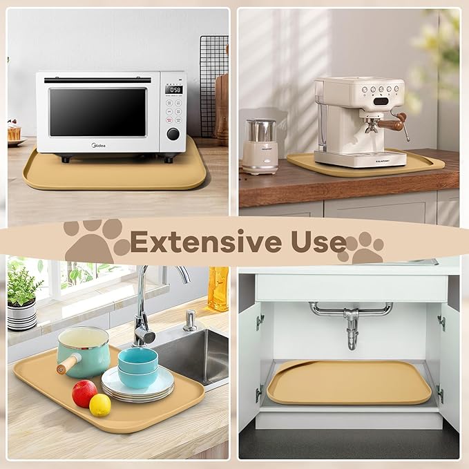 Silicone Pet Feeding Mat with Raised Edge & Residue Collection Pocket for Food and Water, Dog Bowl Mats, Cat Bowls Placemat with High Lip for Floor Waterproof, 19 x 12 x 0.7 Beige