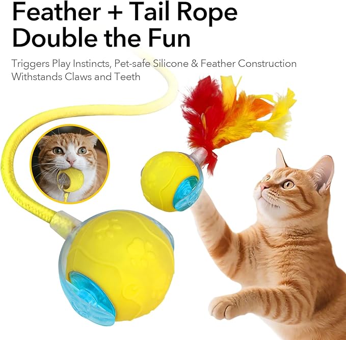 Automatic Cat Toy - Interactive Self-Moving Ball with Feather & Speedy Tail 3.0 Design, Electric Chase Toy for Cats, USB Rechargeable, Smart Obstacle Avoidance (Yellow, Feather)