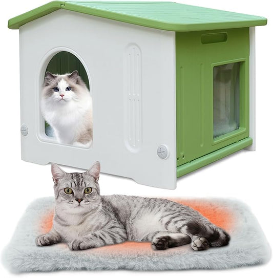 Rockever Plastic Outdoor Cat House with Escape Door, Waterproof Cat Shelters for Feral Cats Indoor Cat House with Mat, Sturdy Cat House for Outdoor Cats, Assemble Easily-Green