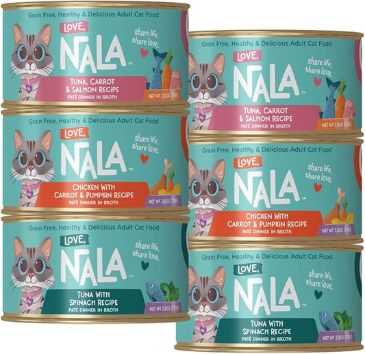 LOVE, NALA - Natural Adult Cat Wet Food - Pate Variety Pack - Tuna, Chicken, Tuna and Salmon - Grain Free, Non-GMO, Fiber Blend, Minerals, Vitamins - 12 Pack 2.1 lbs.