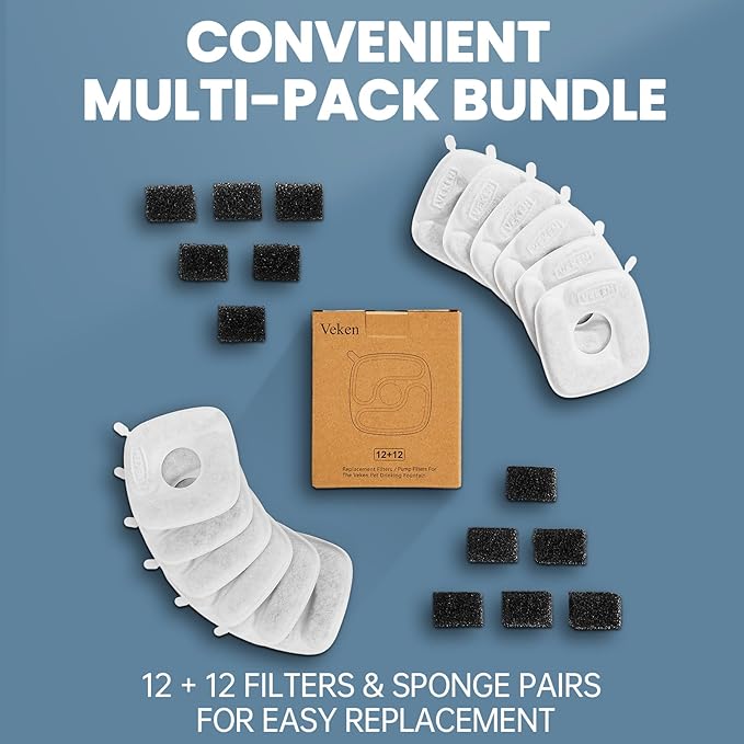 Veken Cat Water Fountain Filters, 12 Pack Replacement Filters & 12 Pack Replacement Pre-Filter Sponges Set for 50oz, 84oz, 95oz Automatic Pet Fountain Dog Water Dispenser