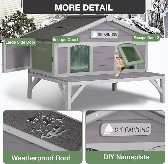 Outdoor Cat House with Insulated Liner and Elevated Design, Weatherproof Feral Cat Shelter with Escape Doors for Winter, Wooden Kitten Home Indoor