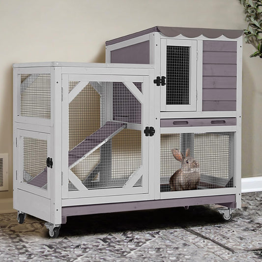 GUTINNEEN 2-Story Rabbit Hutch Indoor with Chew-Proof Design & Slide-Out Trays - Wooden Small Animal Cage Guinea Pig Cages with Lockable Wheels for 2-3 Rabbits, Bunnies, Guinea Pigs (Grey)