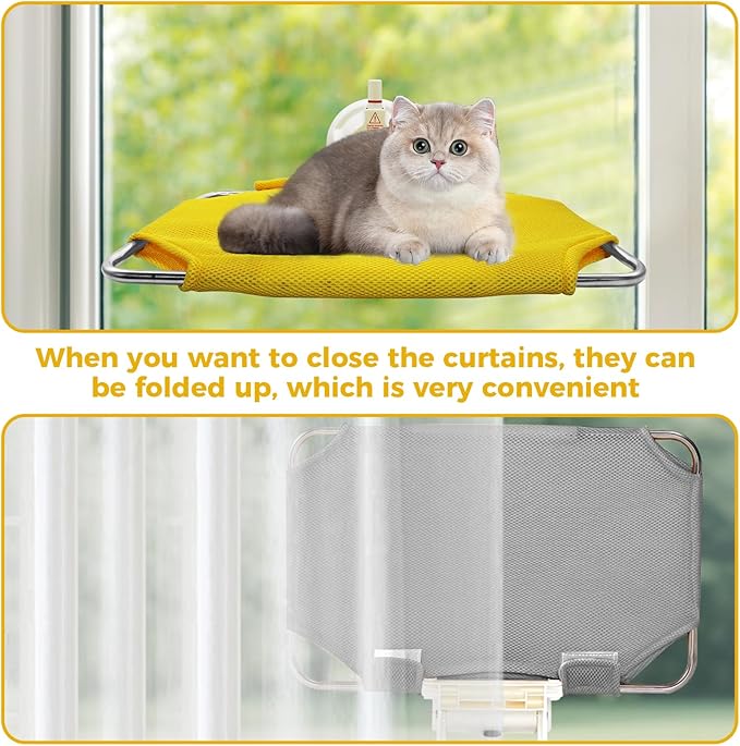 Cats Window Perch with Strong Suction Cup, Large Cat Hammock Bed for Window with 2 Mats, Kitten Hammock with Metal Frame for House Indoor Large Suction Cup with Red Warning Line