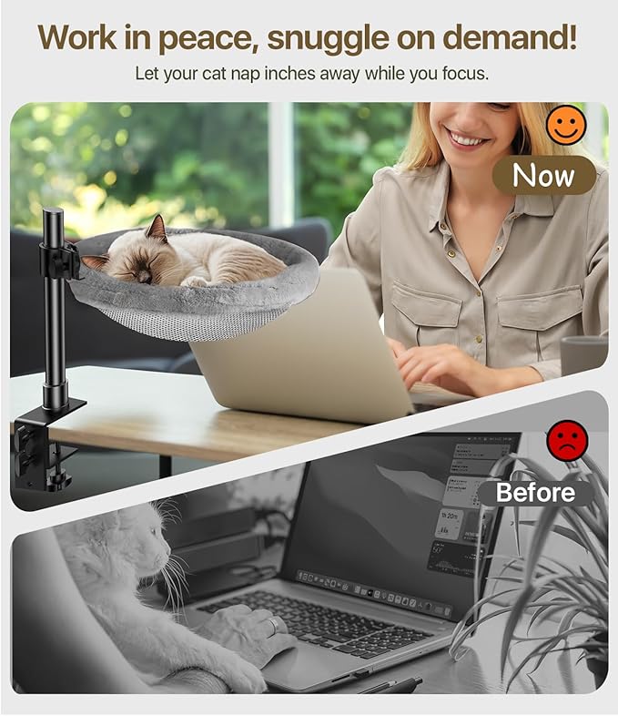 Cat Desk Bed, Cat Hammock for Home Office, 360°Rotating & Adjustable Shelf, Removable Comfortable Soft Pet Nest Bed, Modern Unique Kitten Furniture Attachment for Game Tables, Grey