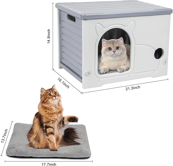 Heated Cat House, Cat Shelter Indoor, Weatherproof Waterproof Plastic Stackable Cat House for Winter with Heating Mat(Gray)