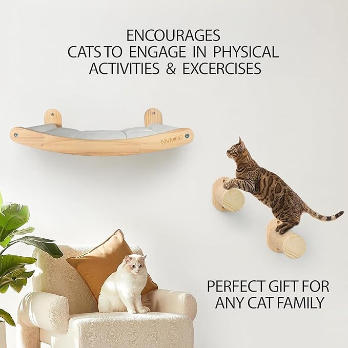 NVMBR Cat Shelves Hammock Lounge with Sisal Stairs Set, 16 inch Stud Design, Easy Install Mounts, Holds up to 33 lbs Climber Indoor Perches for Walls, Furniture and Beds