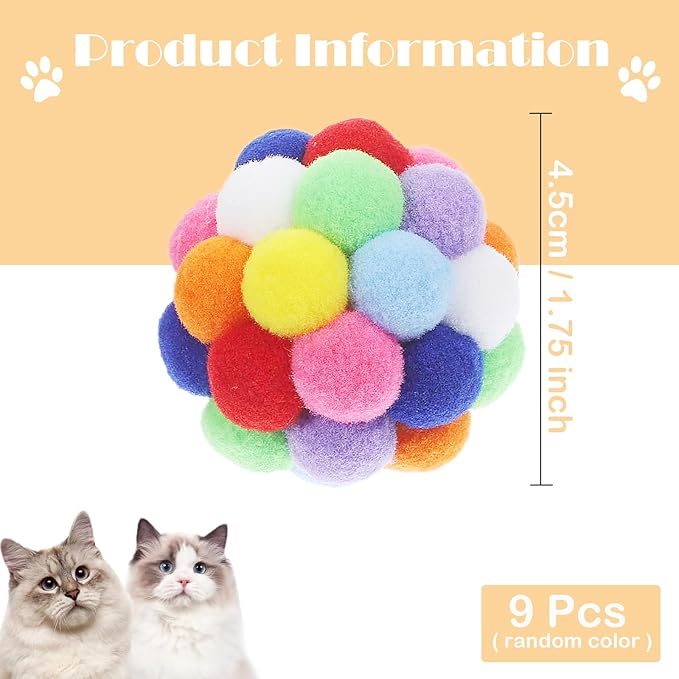 9PCS Cat Toy Balls, 1,75'' Soft Pom Pom Balls for Kittens, Colorful Soft Fuzzy Balls for Cats, Interactive Playing Chewing Toys for Indoor Cats and Kittens, Cute Kitten Kitty Toys
