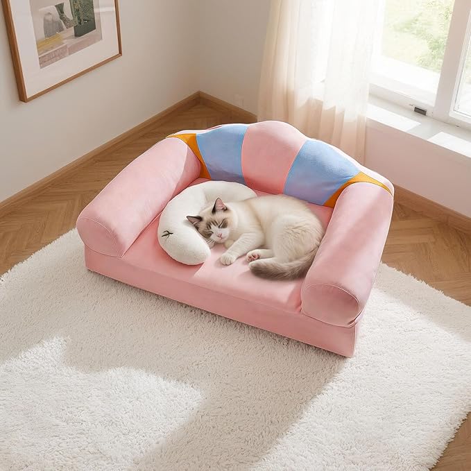 Cute Cat Couch with Soft Pillow, Supportive Dog Couch, Cat Sofa with Removable Cover，Cute Rainbow Shaped, 24 Inch