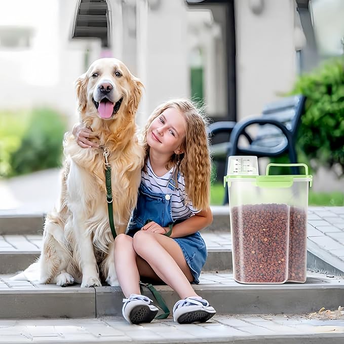 5-7Lbs/6Qt Dog Cat Storage Container Portable with Upgraded Large Spout and Cup, Plastic Pet Food Dispenser for Small Animal Kibble, Bird Seed, Oatmeal, Rice, Flour, Brown Sugart- Clear Green