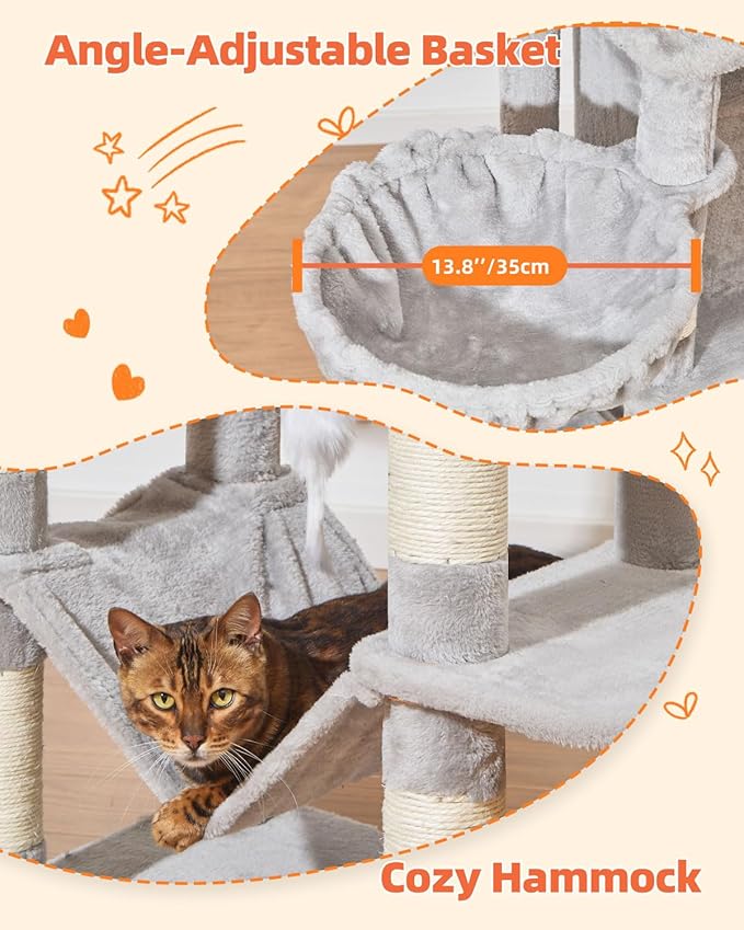 Taoqimiao 66-Inch Cat Tree Cat Tower for Indoor Cats, Plush Multi-Level Cat Condo with 7 Scratching Posts, 2 Perches, 2 Caves, Hammock, 2 Pompoms MS013W Light Gray