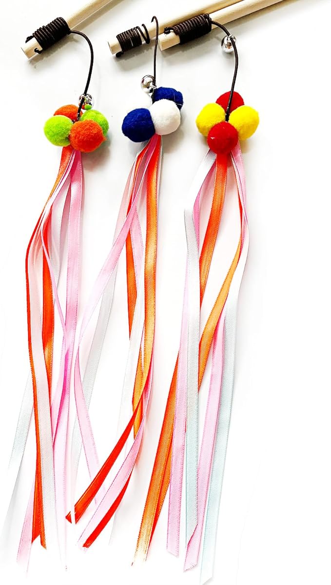 IUHKBH Cat Wand, 3 PCS Interactive Kitten Toys Wooden Handle Kitten Teaser Toys with Bell, Ribbon and Pom Poms Sturdy Cat Sticks