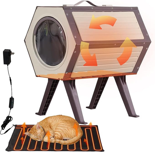 Heated Cat House for Outdoor Cats, 100% Insulated Cat House with Heating Pad,Feral Cat Shelter Waterproof for Winter,Expandable