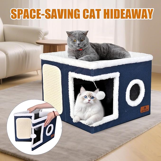 Cat Beds for Indoor Cats - Foldable Cat Hideaway with Hanging Fluffy Ball and Scratch Pad, Large Cat Bed Cave with Reversible Cushion for Multi Small Pet Kitten, Blue