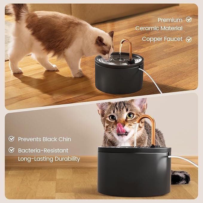 Ceramic Cat Water Fountain - 2.1L/71oz - All-Ceramic Body & Pure Copper Water Spout - Automatic Pet Drinking Fountain for Cats Indoor with Ultra-Quiet Pump, and 3Pcs Filter & Sponge (Black)