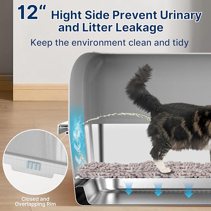 23.6"x15.7"x6" Enclosed Stainless Steel Litter Box with Lid, XL Sifting Litter Box for Pine Pellets with Removable Drawer Pan for Easy Cleaning, High Sides Large Metal Litter Box System for Big Cats