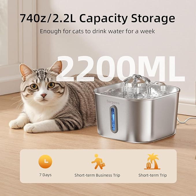 Cat Water Fountain Stainless Steel：74oz/2.2L Water Fountains for Cats Indoor, Cat Fountains for Drinking, Ultra-Quiet, Water Level Window, Pet Water Fountain - 6 Filters + 3 Sponges